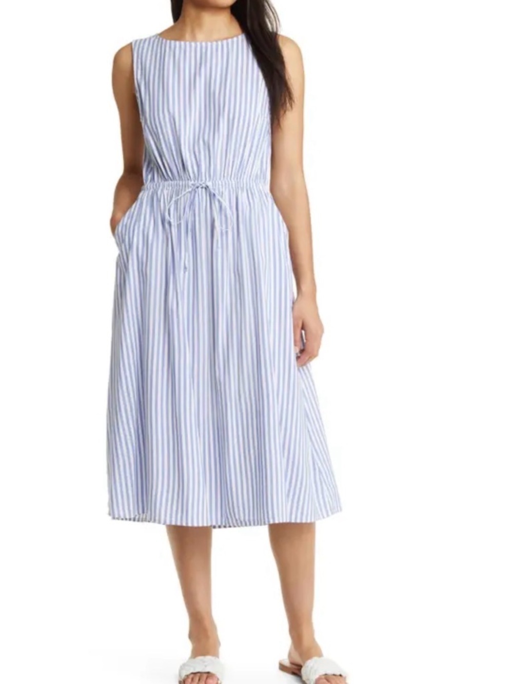 Blue and White Striped Dress with Waist Tie Back Waist Opening SZ XL Cotton NWT